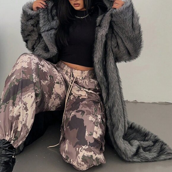 Dark Grey Fluffy Women's Plus Size Long Sleeve Hooded Furry Coat - Picture 7 of 8